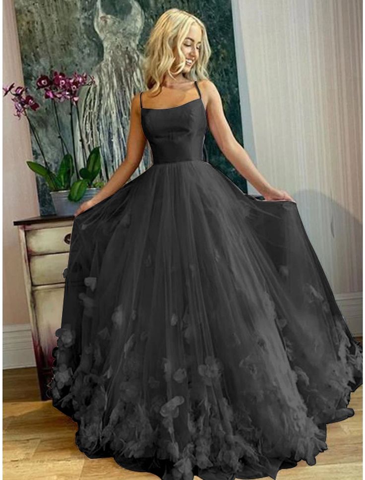 A-Line Prom Dresses Floral Dress Performance Sweet 16 Floor Length Sleeveless Spaghetti Strap Tulle with Pleats Appliques     fg4062