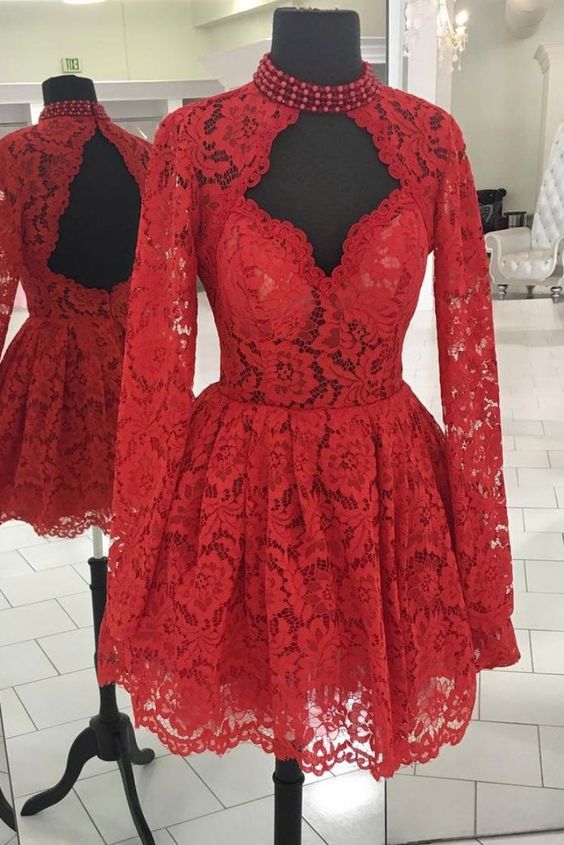 Red lace short prom dress, red lace homecoming dress       fg3829