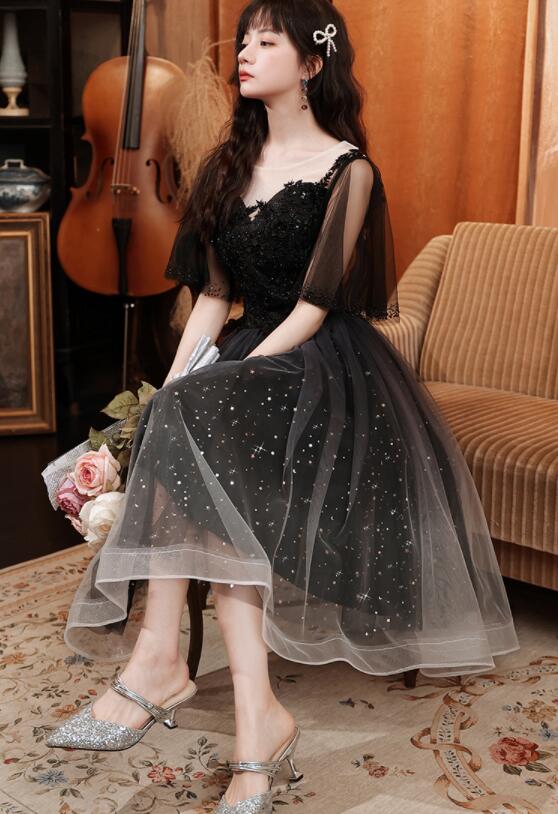 Black Short Sleeves Gradient Tulle And Lace Party Dress, Lovely Black Formal Dresses Bridesmaid Dress      fg3699