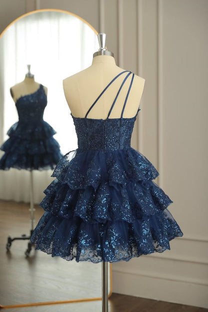 Dark Navy One Shoulder Appliques Multi-Layers Tulle Homecoming Dress    fg4307