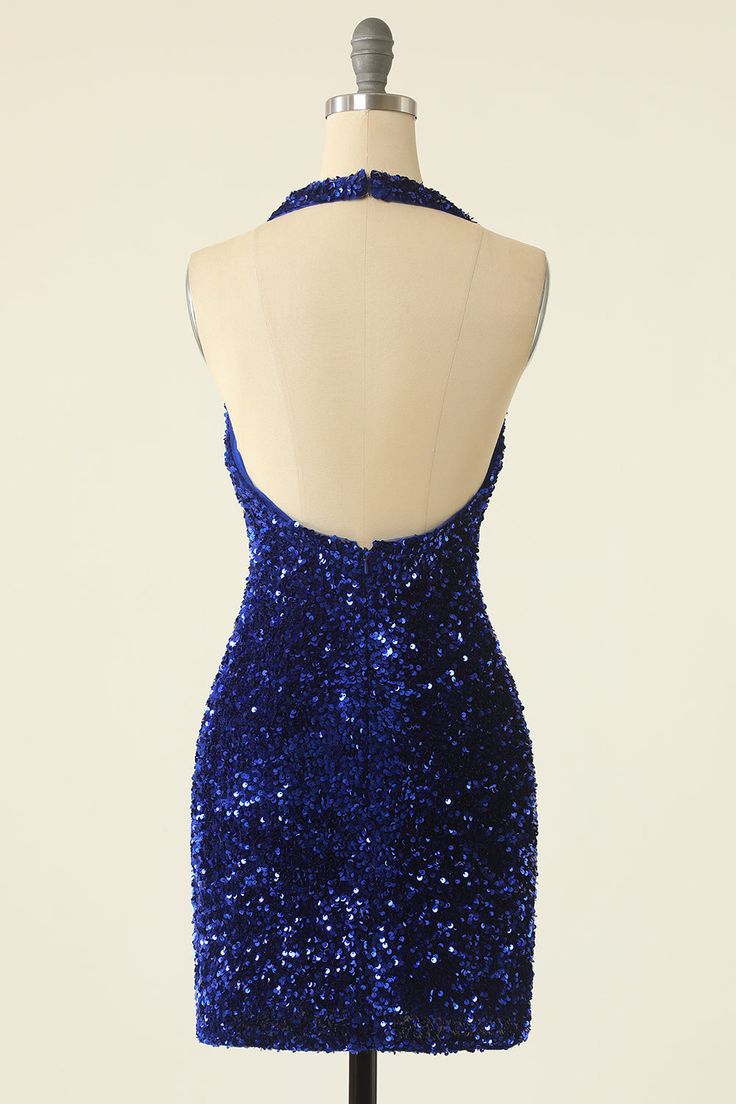 Royal Blue Sequin Halter Open Back Short Homecoming Dress    fg3516