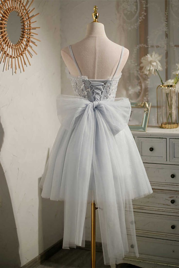 Grey Beaded Bow-Back Short Homecoming Dress     fg3421