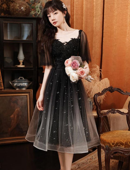 Black Short Sleeves Gradient Tulle And Lace Party Dress, Lovely Black Formal Dresses Bridesmaid Dress      fg3699