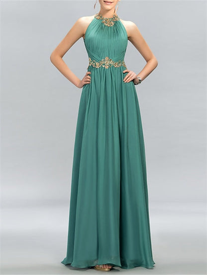 A-Line/Princess Sleeveless Halter Neck Floor-Length Evening Dress