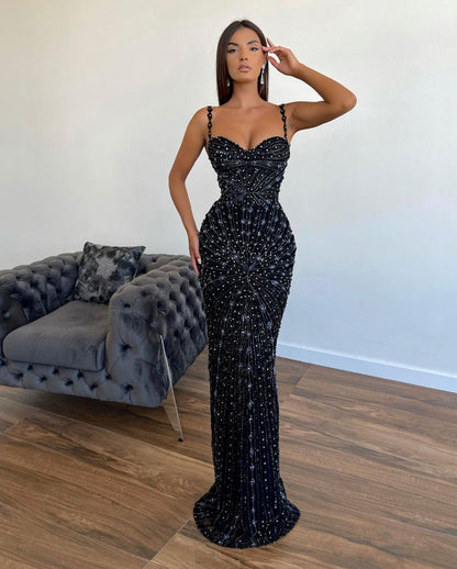 edgynewlook Chic Sleeveless Mermaid Beading Spaghetti Strap Black Prom Dress