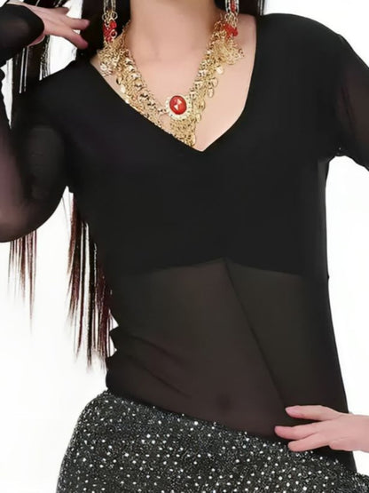 Belly Dance V-Neck Long Sleeves Ruched Long Top Performance Costume