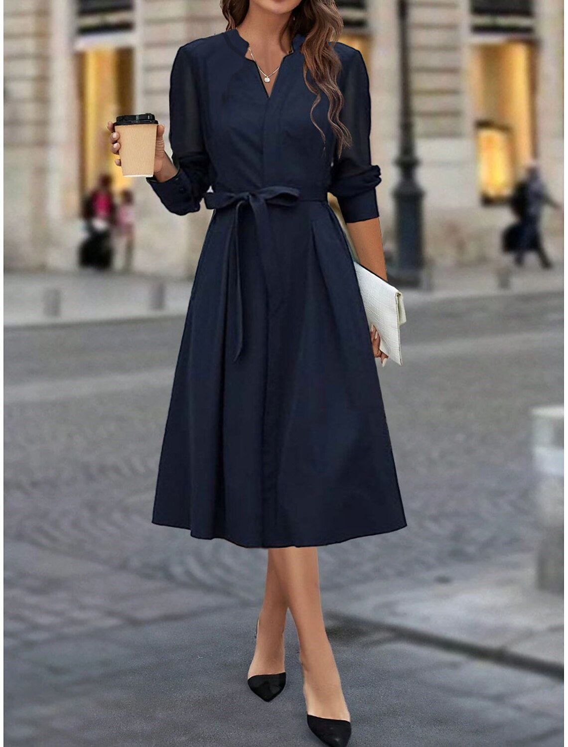 A Line/Princess V Neck Long Sleeves Wedding Guest Dress Midi Dress