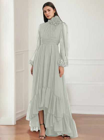 A-Line/Princess Jewel Neck Long Sleeves Asymmetrical Mother of the Bride Dresses with Flower & Ruffles