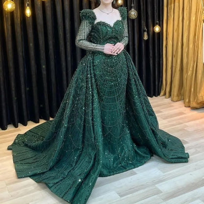 Elegant Green Applique Prom Dress Long Sleeve Mermaid Dress XM0300