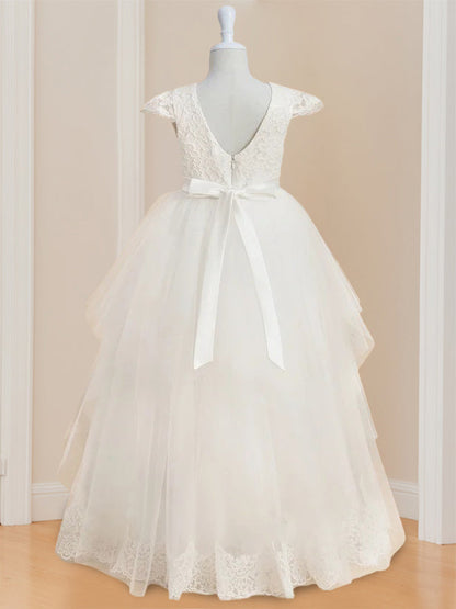 Ball-Gown Scoop Neck Sleeveless Floor-Length Flower Girl Dress with Lace & Bowknot