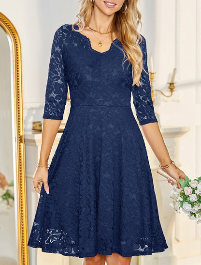 A-Line/Princess V-Neck Lace Wedding Guest Cocktail Dresses with Applique