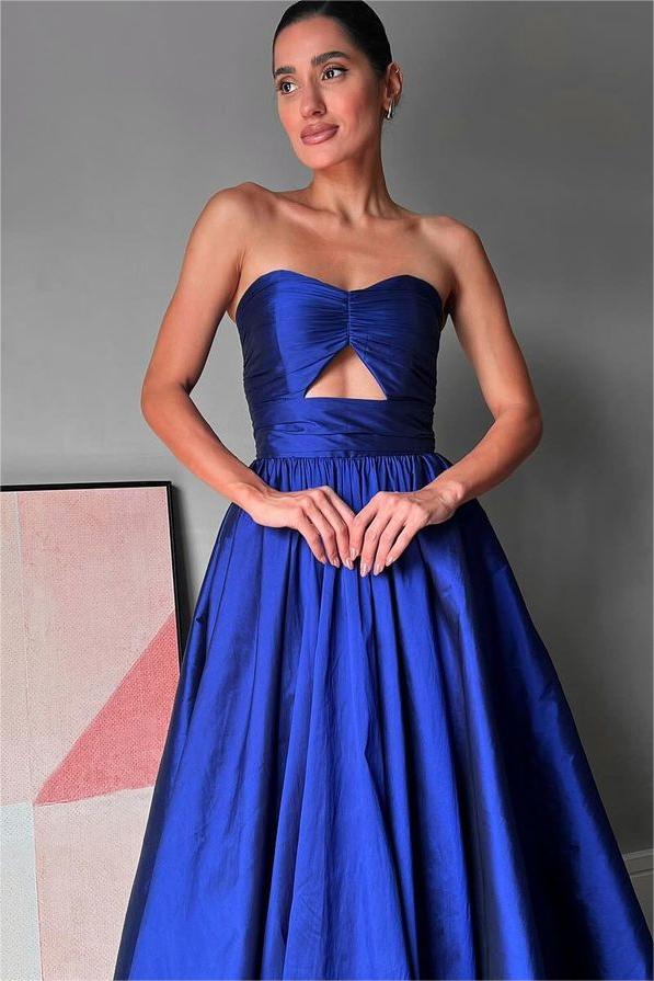 edgynewlook Stunning Royal Blue Satin Sleeveless Strapless Long Prom Dress with Pleated