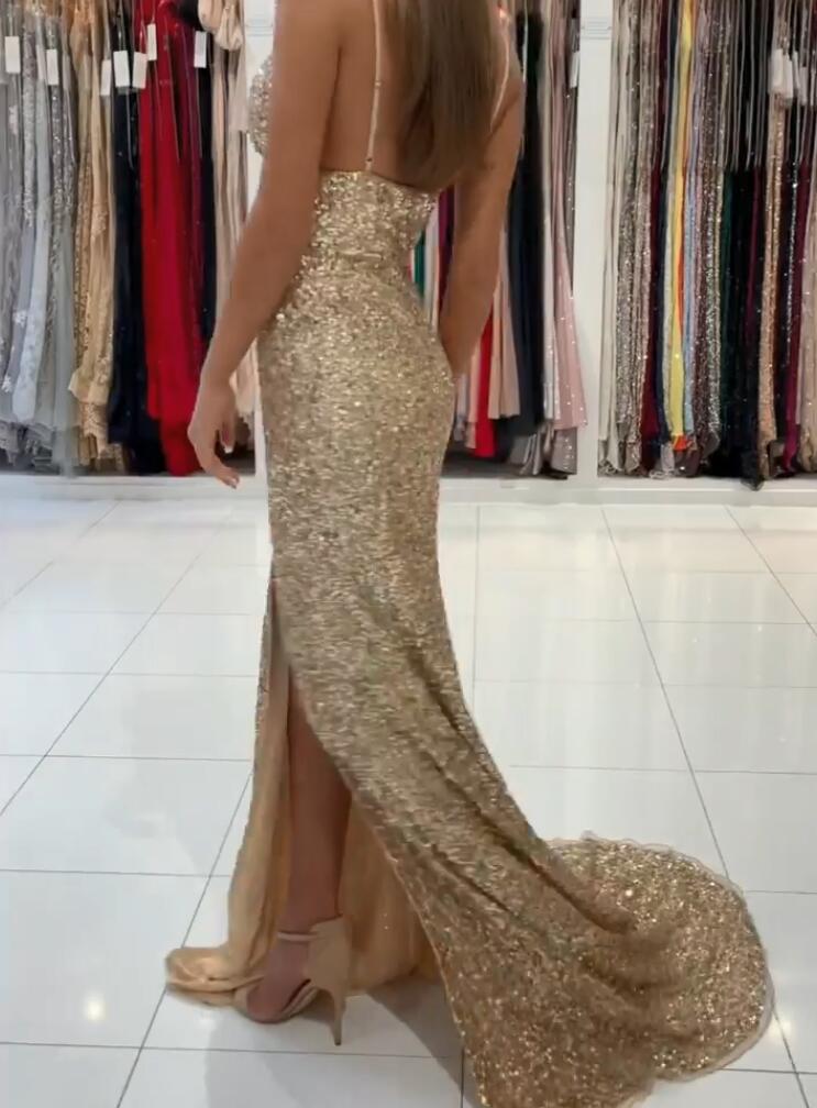 Gold Sequins Mermaid Prom Dress With Slit PD0470