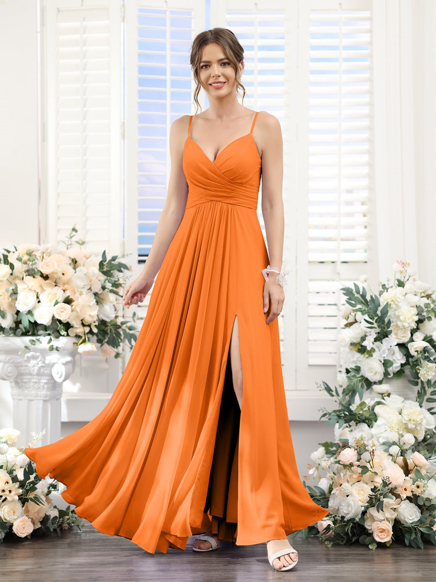 A-Line/Princess V-Neck Spaghetti Straps Sleeveless Floor-Length Chiffon Bridesmaid Dresses with Split Side