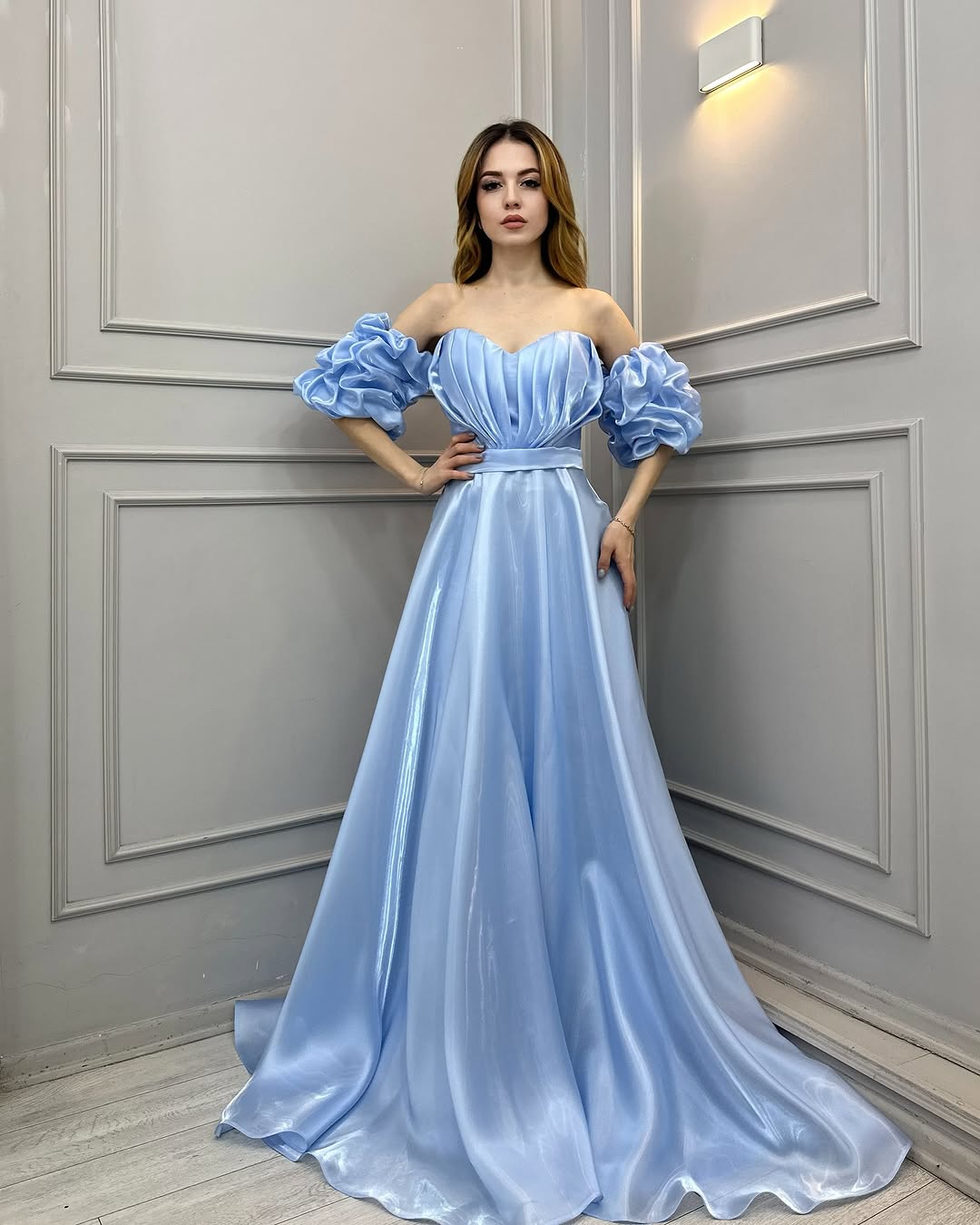 Blue Off-The-Shoulder Bright Tulle Long Prom Dress ZT0498