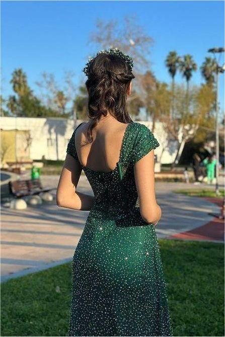 edgynewlook Exquisite Dusty Blue Off the Shoulder Sequins Beadings Prom Dress with Split