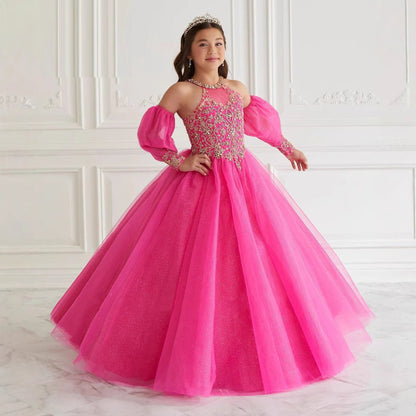 Sparkling Ball Gown Halter Tulle Floor-Length Flower Girl Dress with Lace Appliques