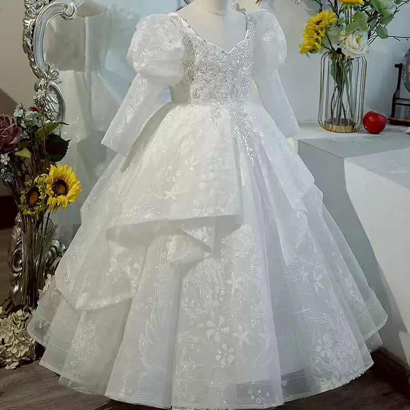 Sweetheart Long Sleeves Ball Gown Flower Girl Party Lace Dress with Crystal Appliques