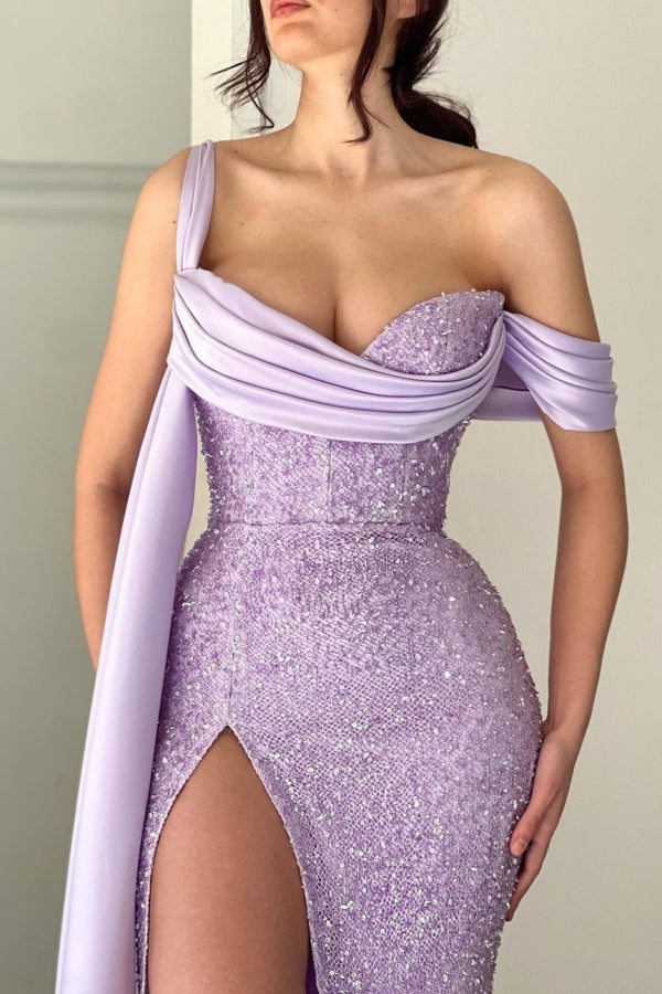 Purple One-Shoulder Sequins Split Fashion Prom Dress ZT0254