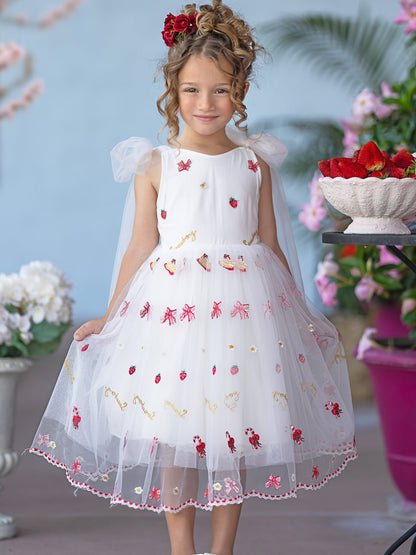 Tulle Knee-length Strawberry Embroidery Flower Girl Dress