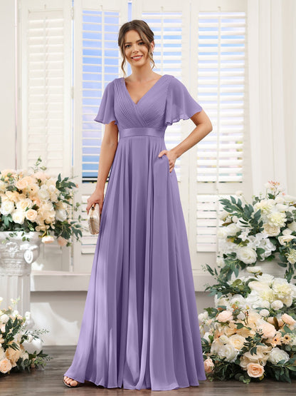 A-Line/Princess V-Neck Short Sleeves Chiffon Bridesmaid Dresses with Pockets