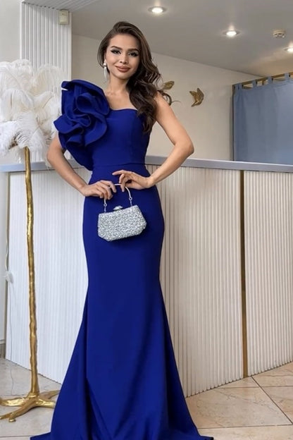 Blue Mermaid One-Shoulder Flower Elegant Long Bandeau Collar Prom Dress ZT0146