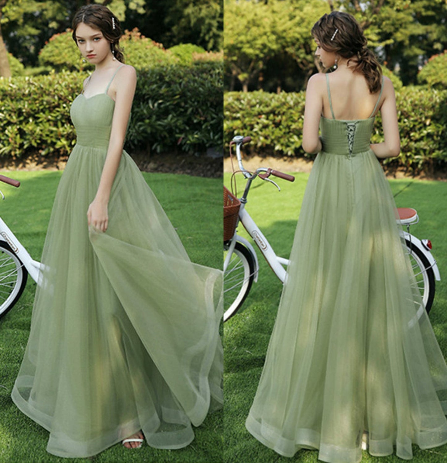 Green tulle long A line prom dress bridesmaid dress  10048