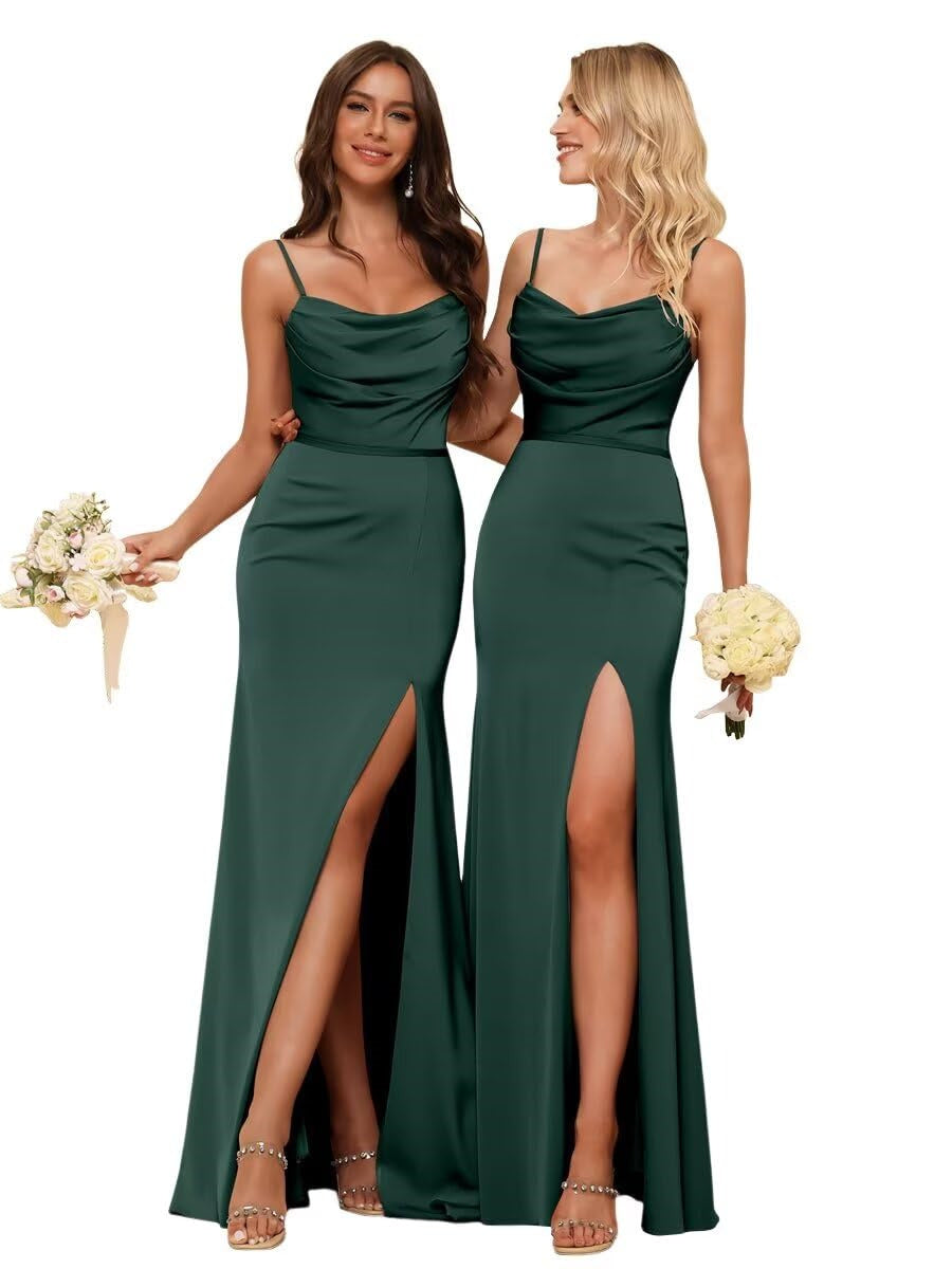 Sheath/Column Spaghetti Straps  Sleeveless Floor Length Bridesmaid Dresses  Satin with Ruffles Split