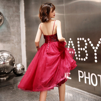 Burgundy tulle lace short prom dress, homecoming dress  8054