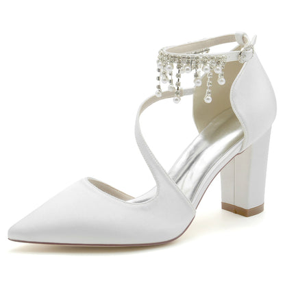 Women's Wedding Shoes Silk Satin Pearl Chunky Pointed Toe Buckle Bridal Shoes