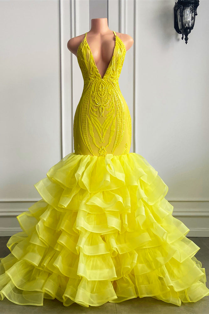 edgynewlook Halter Bright Yellow V Neck Mermaid lace Prom Dress With Ruffle