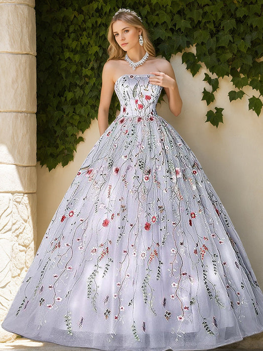 Ball Gown Strapless Sleeveless Elegant Organza Prom Dresses with Lace Appliques