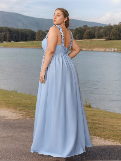 A-Line/Princess V-Neck Sleeveless Floor-Length Plus Size Bridesmaid Dresses with Ruffles & 3D Flower