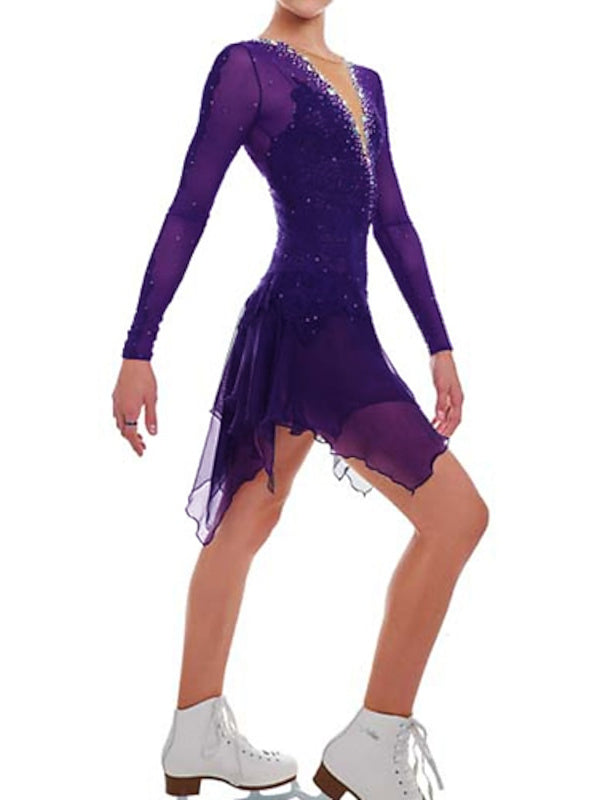 Figure Skating Dress Women's Girls' Ice Mesh Spandex High Elasticity Crystal/Rhinestone Long Sleeve Ice Skating Dress