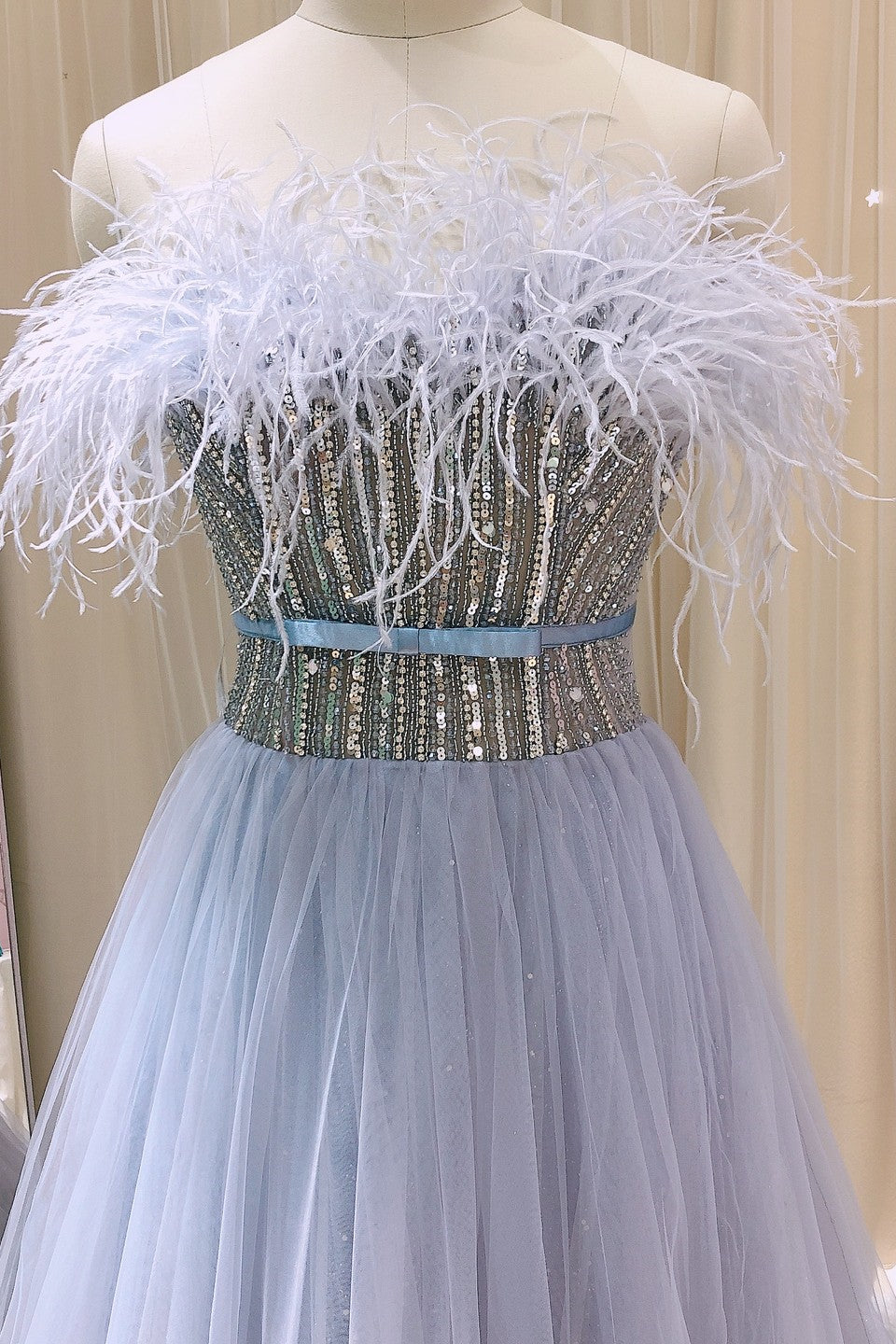 Edgynewlook Amazing A Line Strapless Prom Dress Tulle With Feathers Appliques