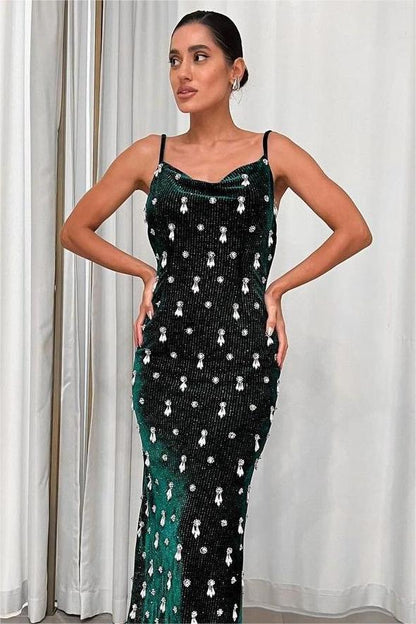 edgynewlook Stunning Dark Green Spaghetti Strap Sleeveless Long Prom Dress with Beadings