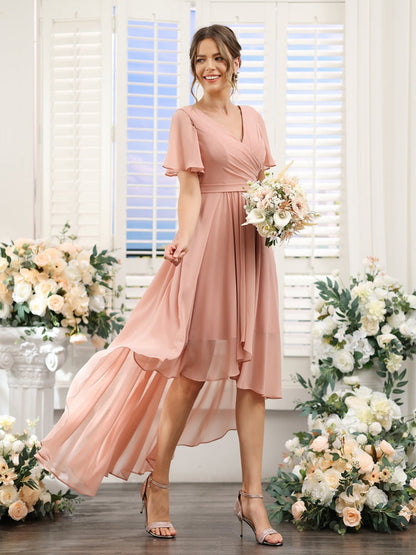 A-Line/Princess V-Neck Short Sleeves Asymmetrical Chiffon Bridesmaid Dresses with Ruched