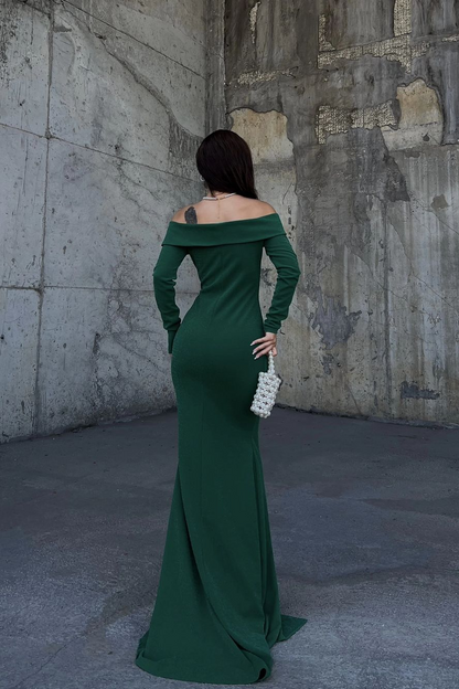 edgynewlook Stunning Dark Green Strapless Long Sleeves Deep V Neck Mermaid Prom Dress with Split