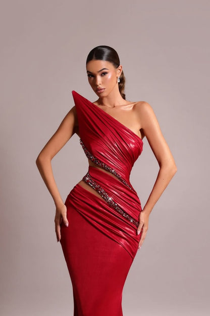 edgynewlook Red Strapless Long Prom Dress Mermaid Sleeveless with Sequins