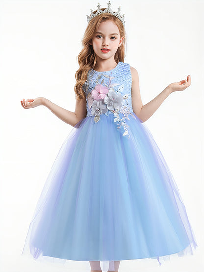 Ball Gown Scoop Neck Sleeveless Gradient Tulle Flower Girl Dress with Appliques & Embroidery