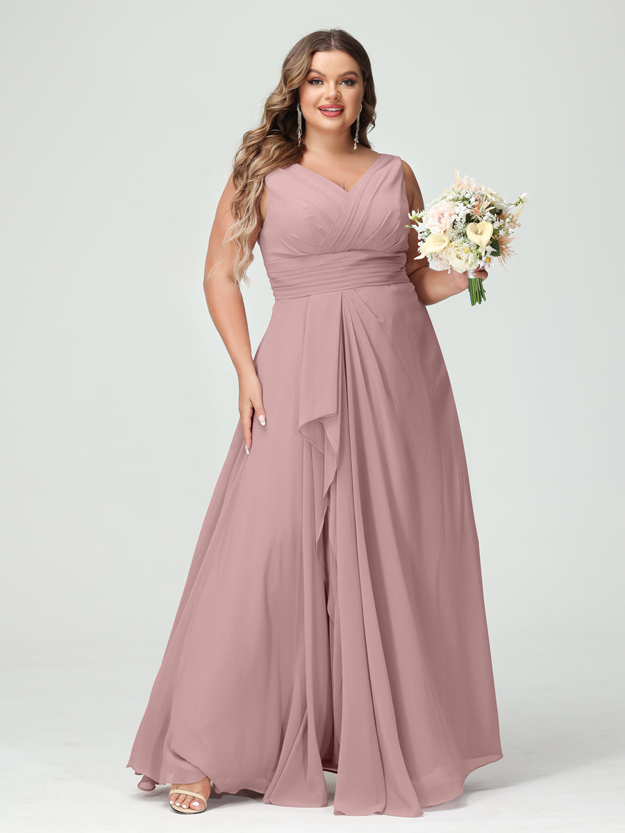 A-Line/Princess V-Neck Sleeveless Chiffon Ruffles Plus Size Bridesmaid Dresses with Pockets & Ruffles