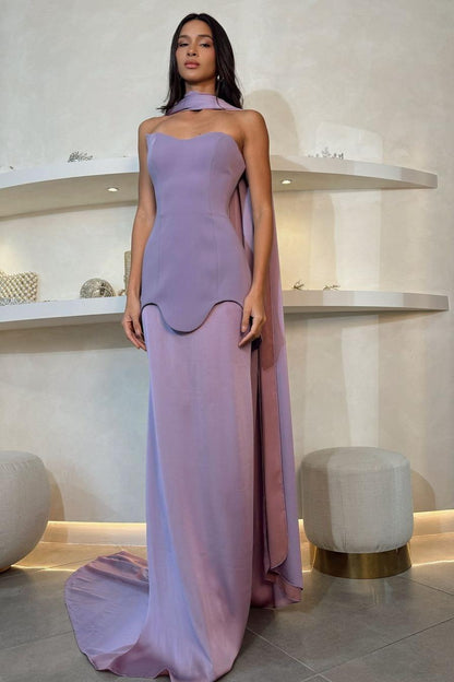 edgynewlook Amazing Purple Satin Strapless Sleeveless Long Slim Prom Dress with Scarf