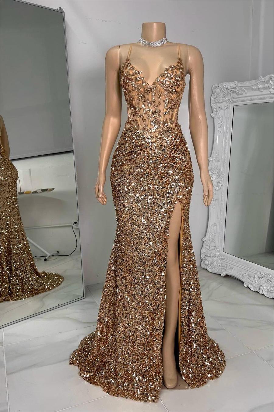 edgynewlook Exquisite Champagne Sequins Spaghetti Strap Sleeveless Prom Dress with Split