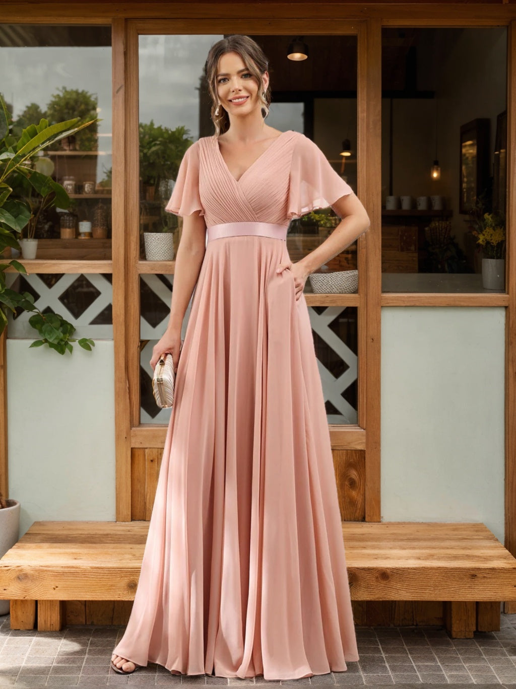 A-Line/Princess V-Neck Short Sleeves Chiffon Bridesmaid Dresses with Pockets