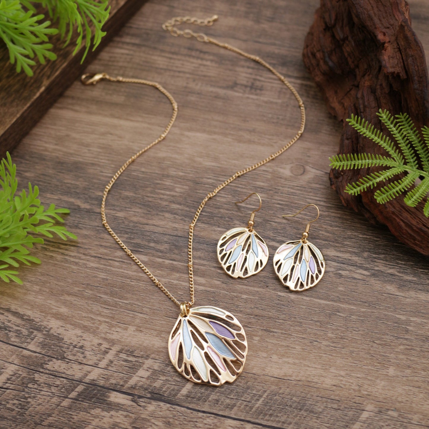 Stylish Elegant Enamel Leaf Earrings Necklace Two Pieces Jewelry Set