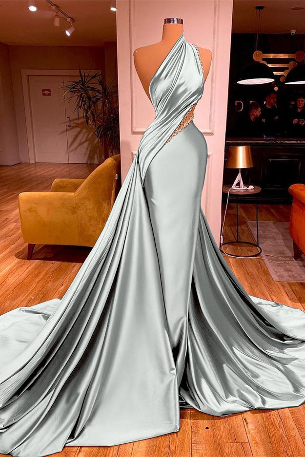 Okdais Elegant One Shoulder Prom Dress Long Mermaid Pleated Dress With Beads ED0018