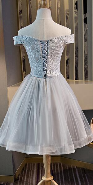 Cute Off The Shoulder Lace And Tulle Knee Length Party Dress, Homecoming Dress gh442