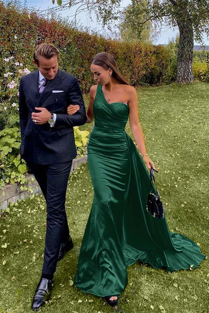 Green One Shoulder Prom Dress Long PD012