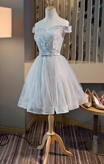 Cute Off The Shoulder Lace And Tulle Knee Length Party Dress, Homecoming Dress gh442