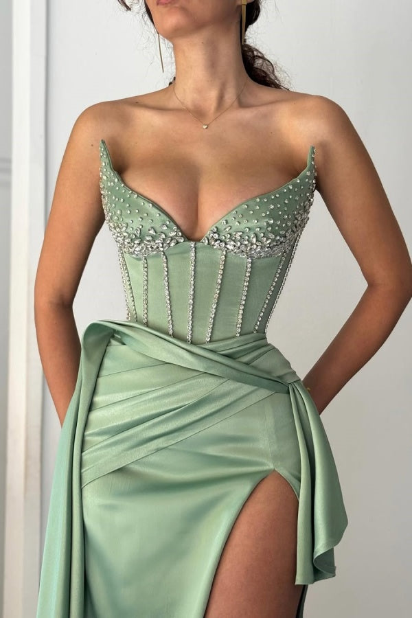 Dusty Sage Beaded Strapless Split Prom Dress ZT0545